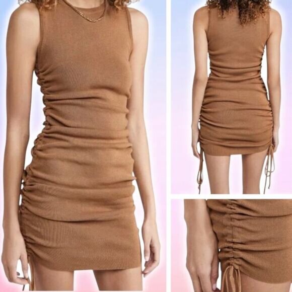 LIONESS Military Minds Sleeveless Ruched Mini Dress Sz Small Camel Brown - Picture 2 of 6